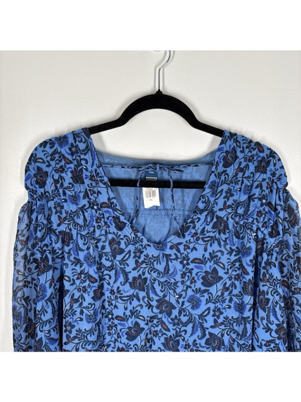 Old Navy Womn XXL Blue Floral Boho Peasant Chiffon Smocked Poet Swing Blouse NWT - Picture 4 of 11